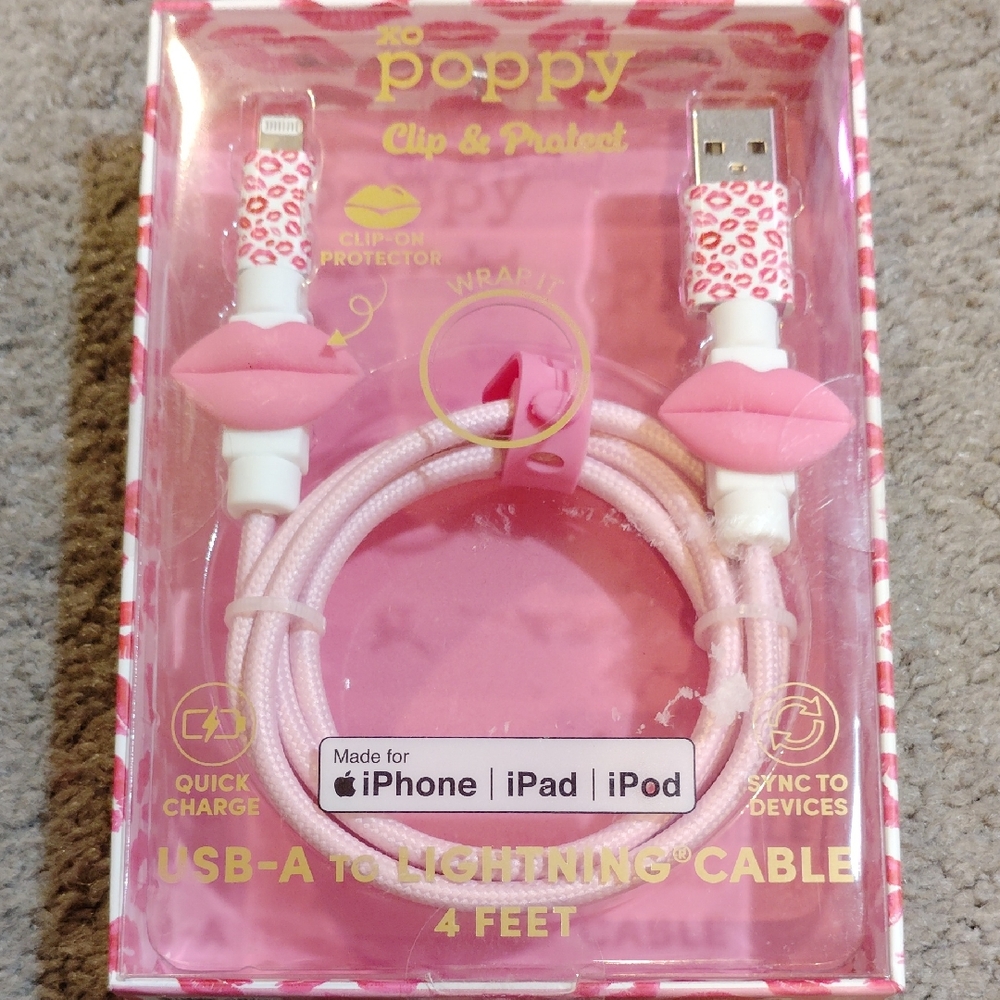 Poppy Pink USB-A to Lightning Cable with Clip Protector